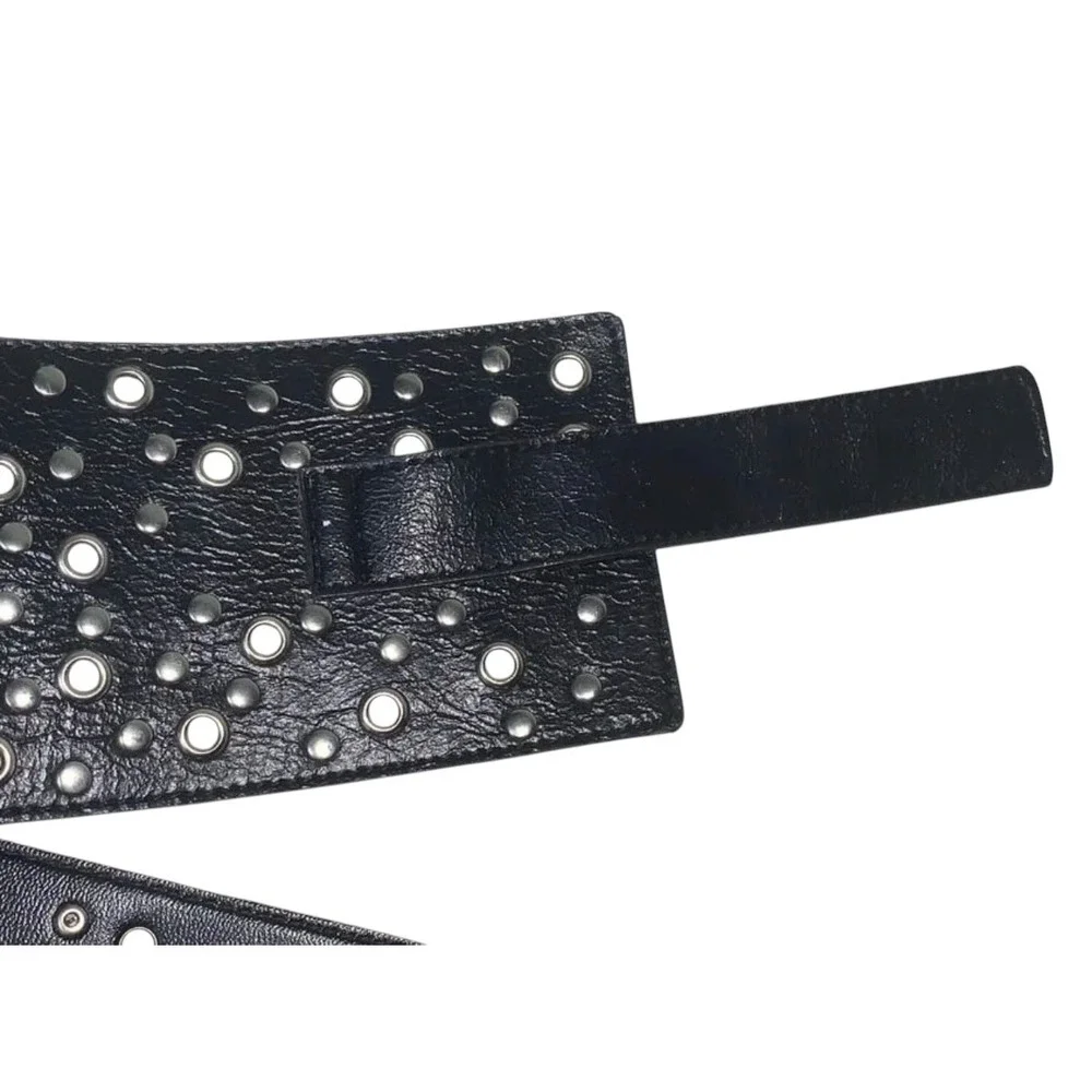 Holy Mama Black Wide Studded Grommet Waist Belt Silver D-Ring Buckle 35